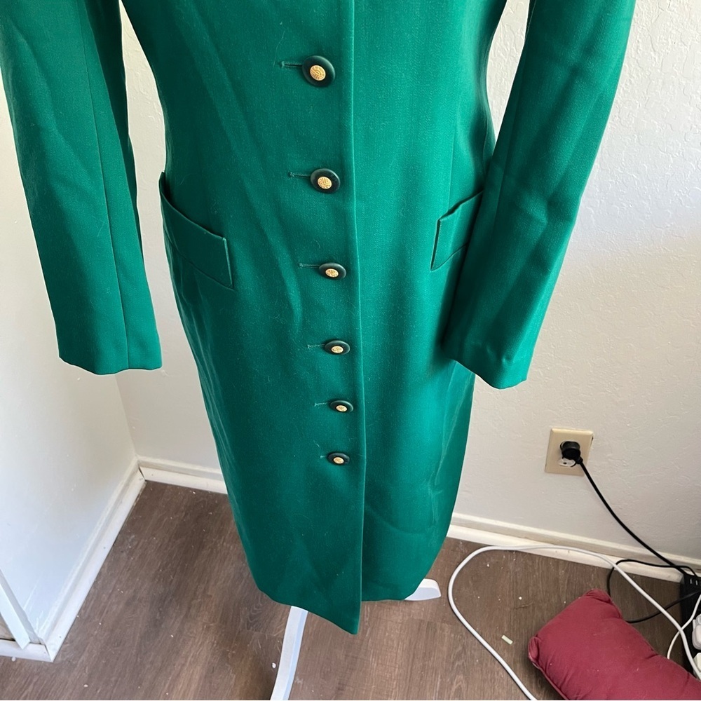 Vintage 90s Louis Feraud Dark Green Virgin Wool Black Midi Dress Womens Size 8 - Picture 5 of 10